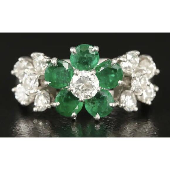 Cartier Platinum Emerald and Diamond Triple Flower Engagement Ring Ca. 1950s - Picture 1 of 10